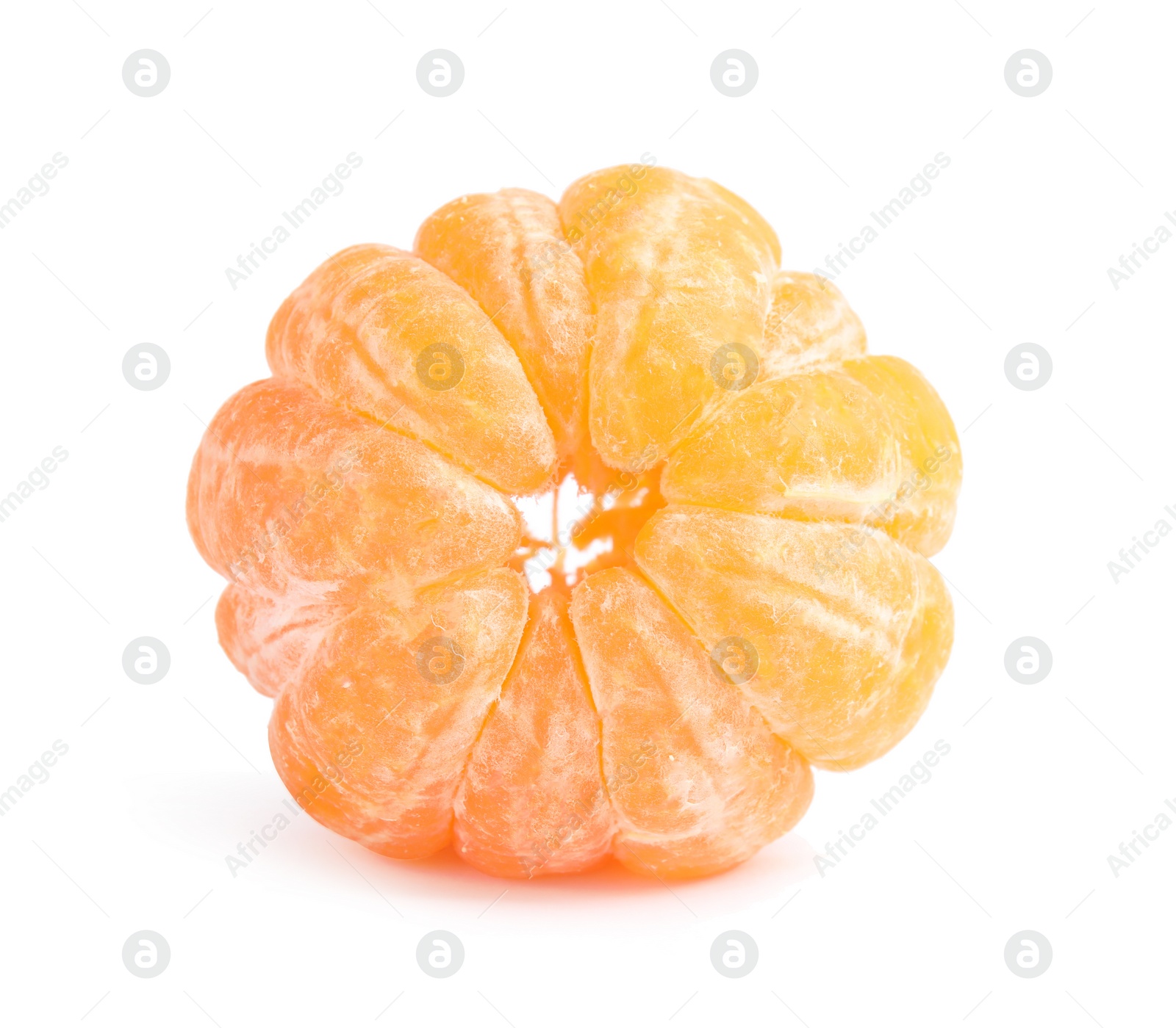 Photo of Peeled ripe tangerine on white background. Citrus fruit