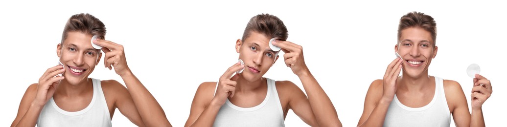 Man cleaning his face with cotton pads on white background, set of photos