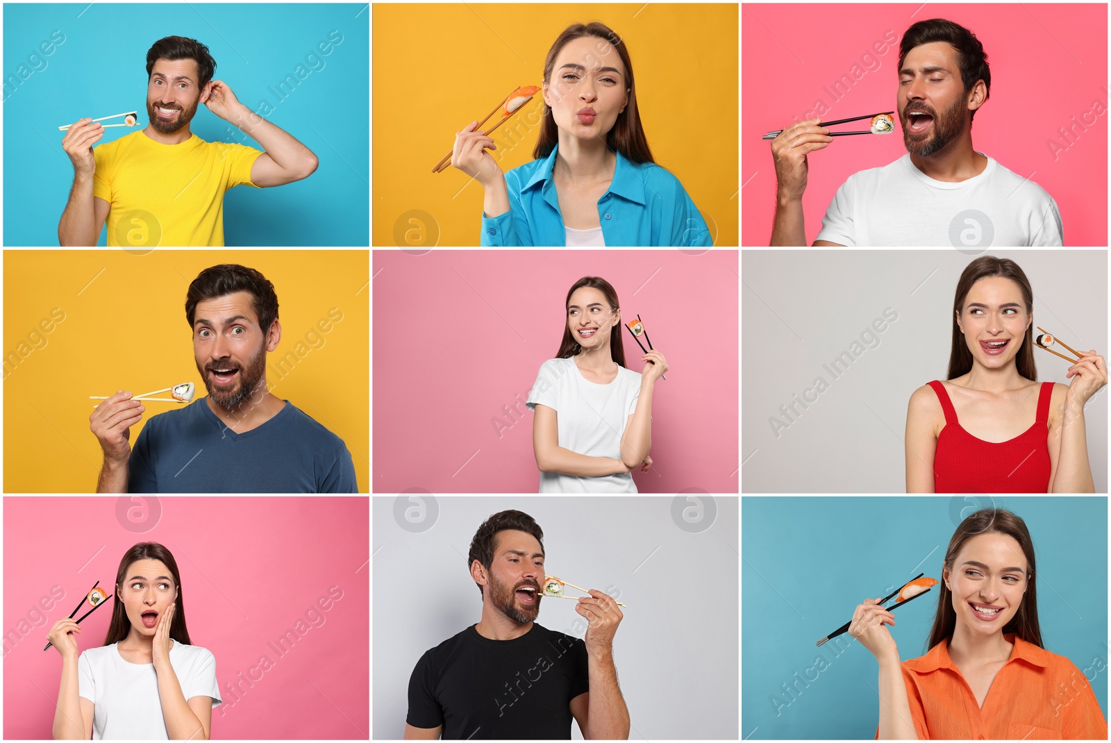 Image of Collage with photos of people eating tasty sushi and rolls on different color backgrounds