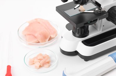 Photo of Food quality control. Microscope, petri dishes with meat and other laboratory equipment on white table, closeup