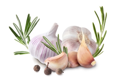 Image of Fresh garlic with rosemary and allspice on white background