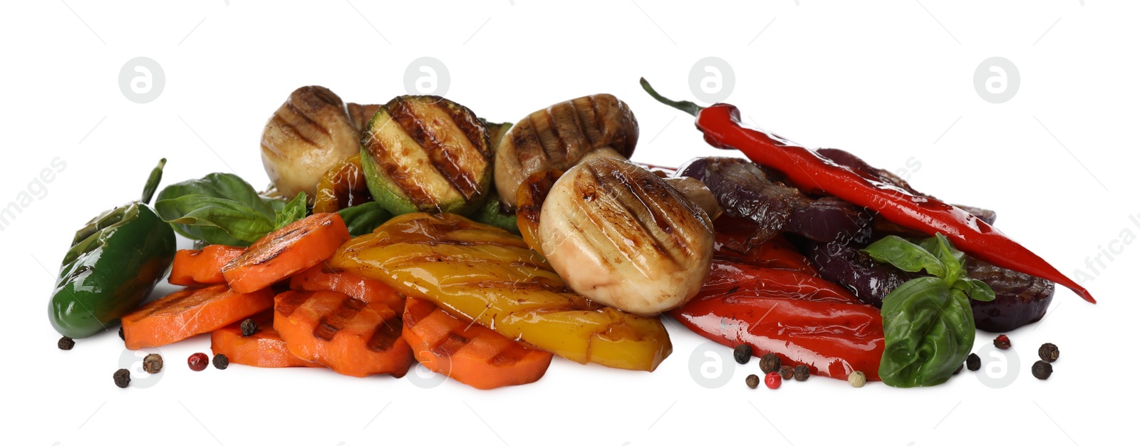 Photo of Mix of delicious grilled vegetables on white background