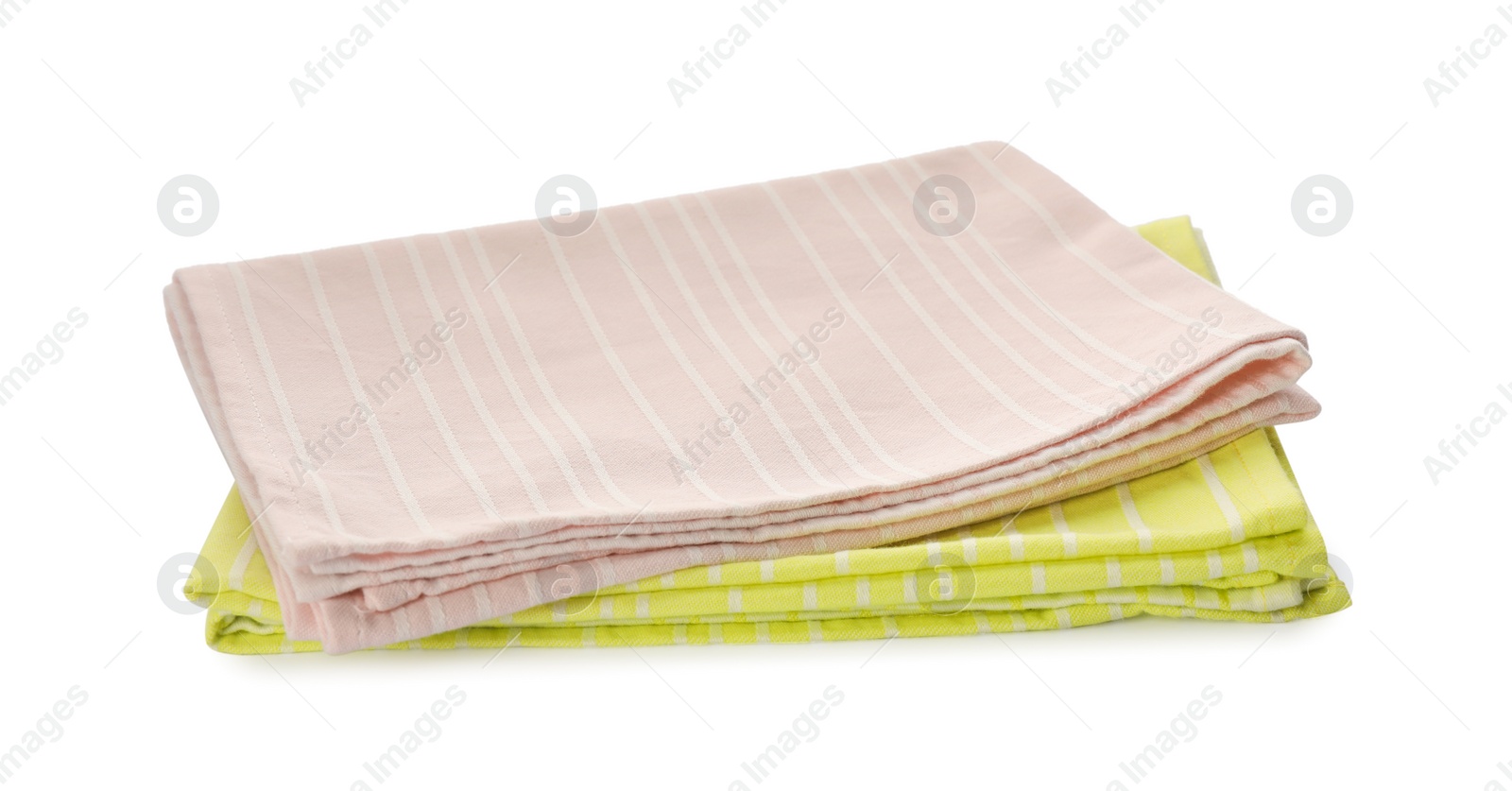 Photo of Pink and yellow kitchen towels on white background