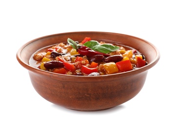 Photo of Bowl with tasty chili con carne on white background