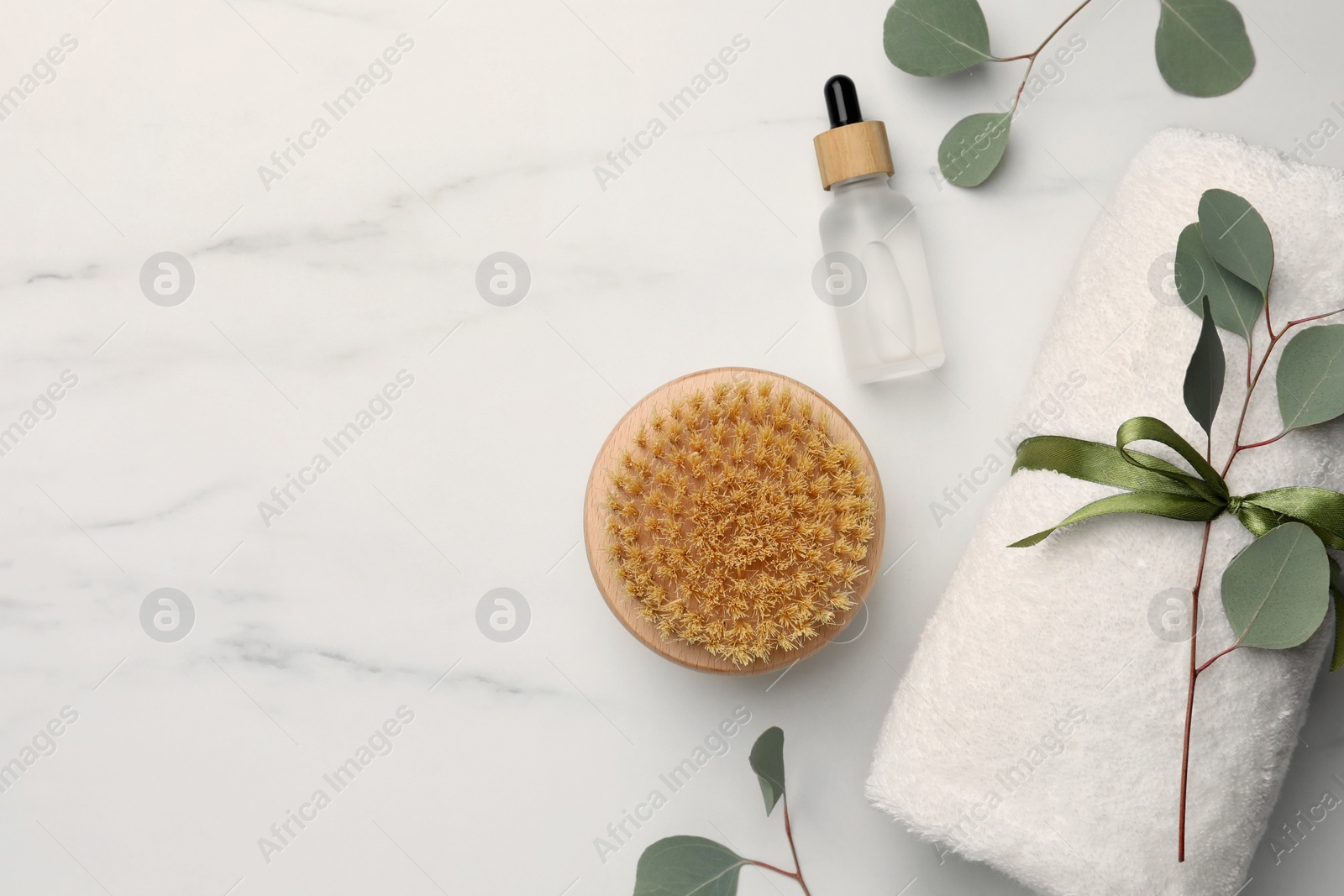 Photo of Flat lay composition with different spa products on white marble table. Space for text