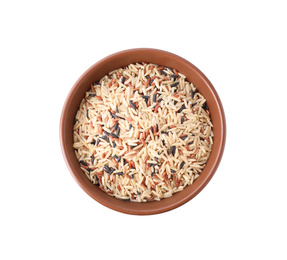 Photo of Mix of different brown rice in bowl isolated on white, top view