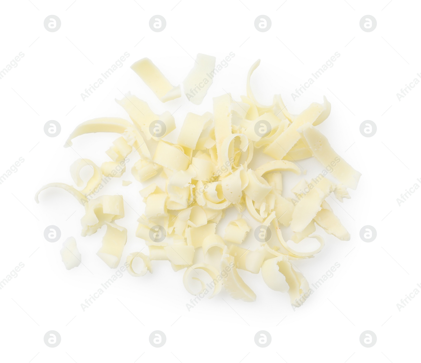 Photo of Pile of tasty chocolate shavings isolated on white, top view