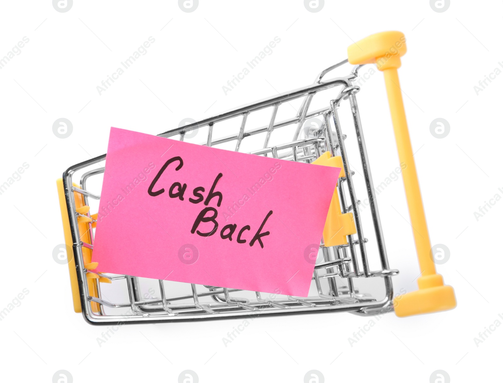 Photo of Card with word Cashback in shopping cart isolated on white, top view