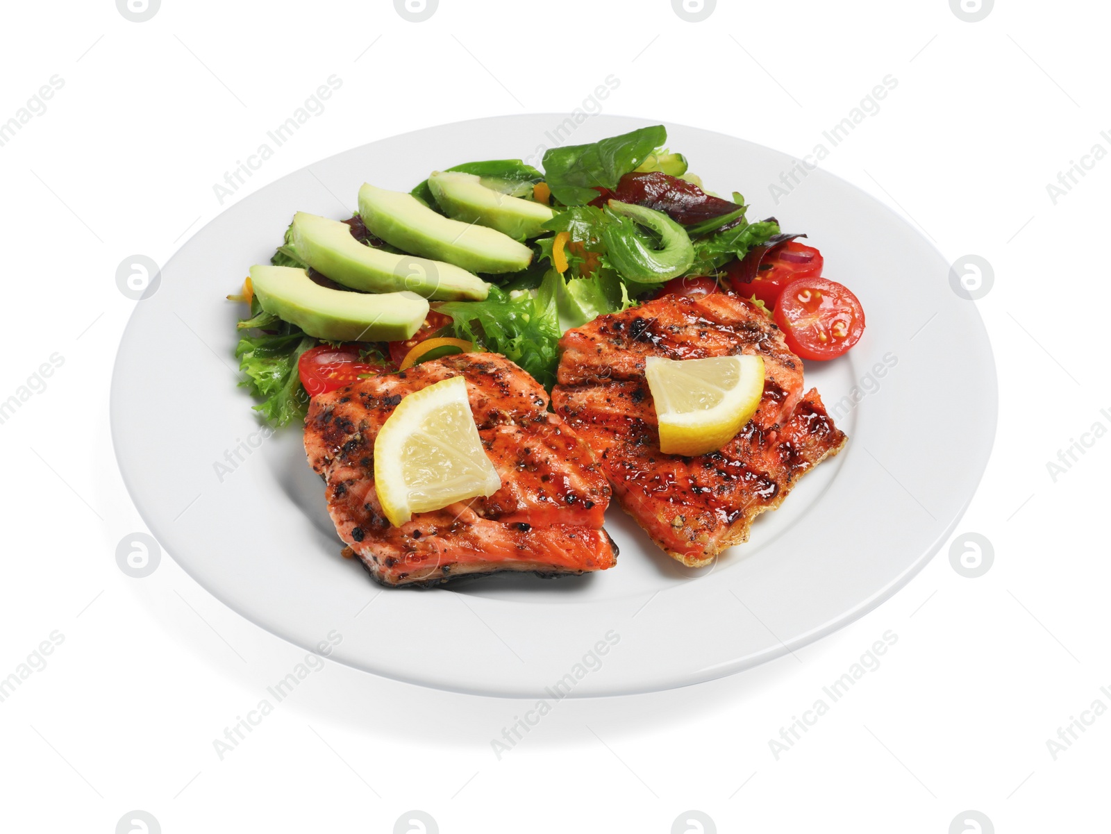 Photo of Tasty grilled salmon with avocado, lemon and tomatoes on white background