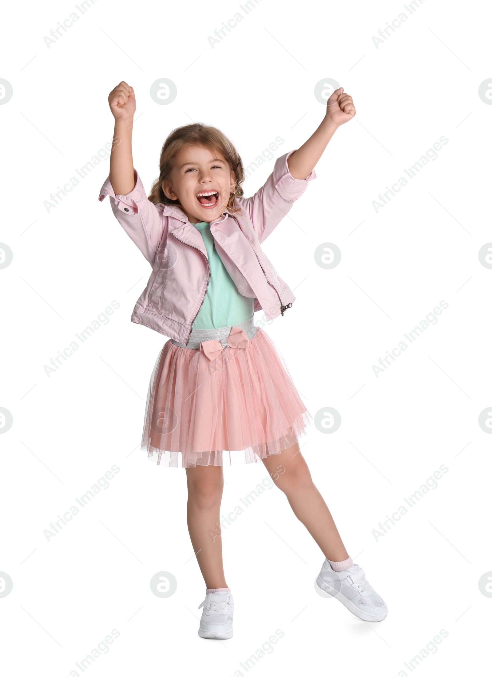 Photo of Full length portrait of emotional little girl on white background