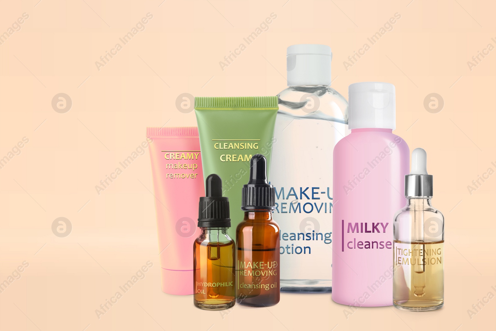Image of Collection of different makeup removal products on beige background