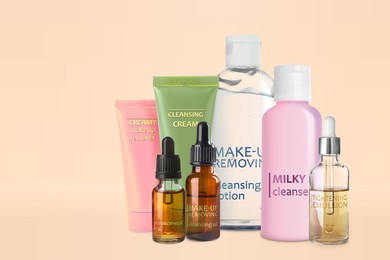 Image of Collection of different makeup removal products on beige background