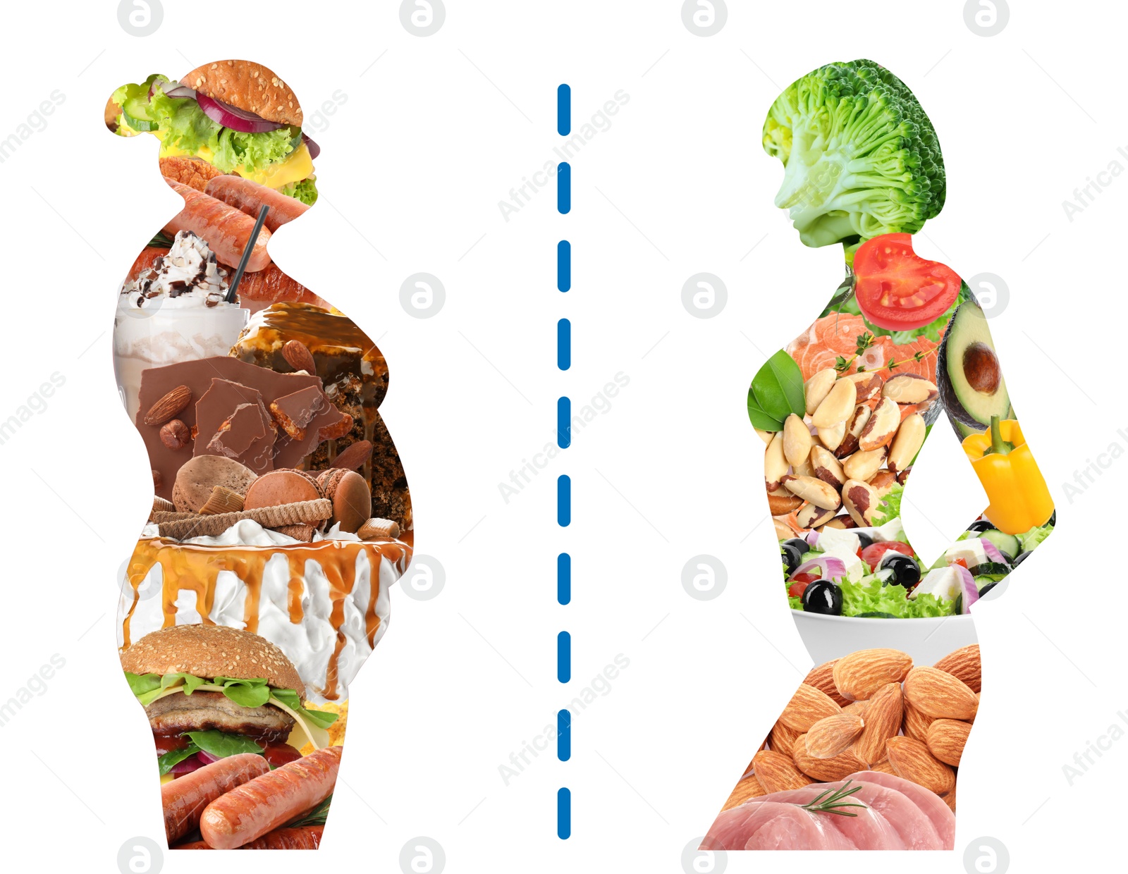 Illustration of Silhouettes of overweight and slim women filled with unhealthy and healthy food on white background, collage. Illustration