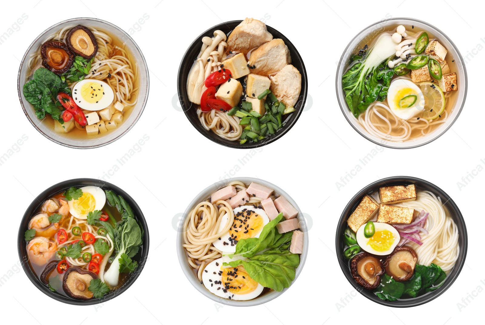 Image of Set with bowls of delicious ramen with different ingredients isolated on white, top view. Noodle soup