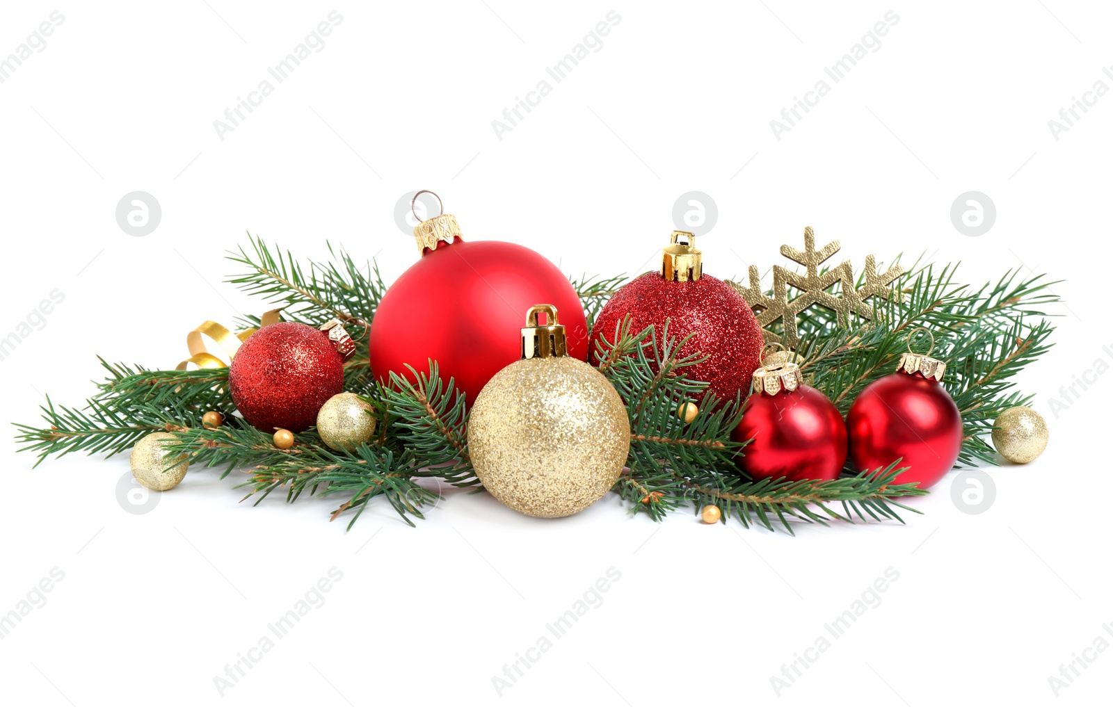 Photo of Christmas tree branches and festive decoration on white background