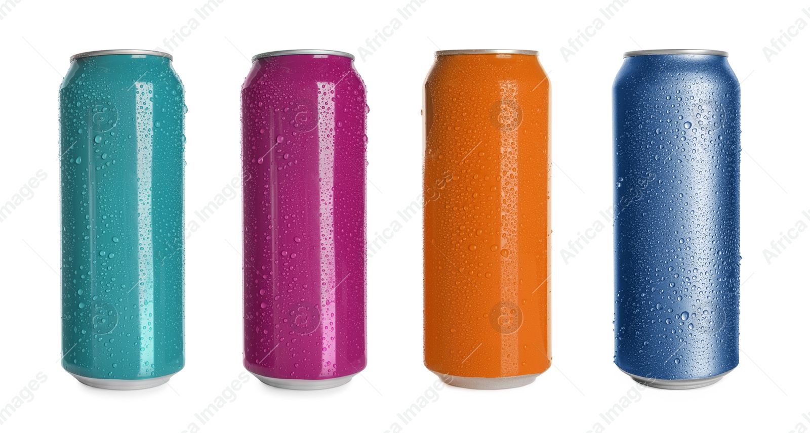 Image of Set with different colorful aluminium cans of beverage on white background. Banner design