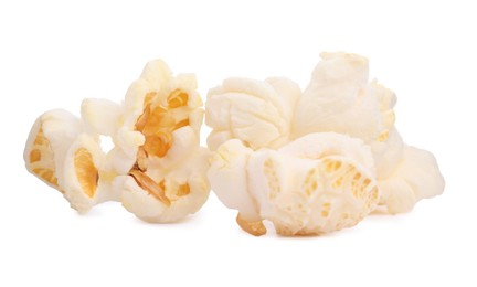 Photo of Fresh popcorn isolated on white. Tasty snack