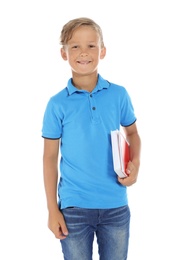 Little child with school supplies on white background