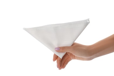 Photo of Woman holding handkerchief isolated on white, closeup