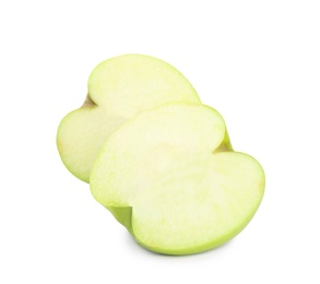 Halves of fresh green apple on white background