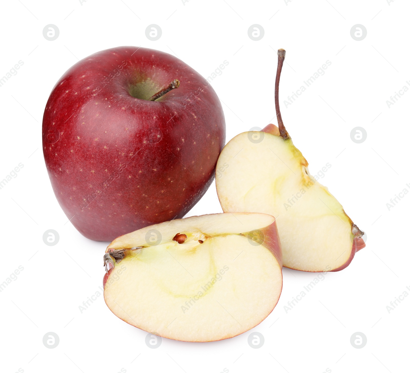 Photo of Whole and cut ripe red apples isolated on white