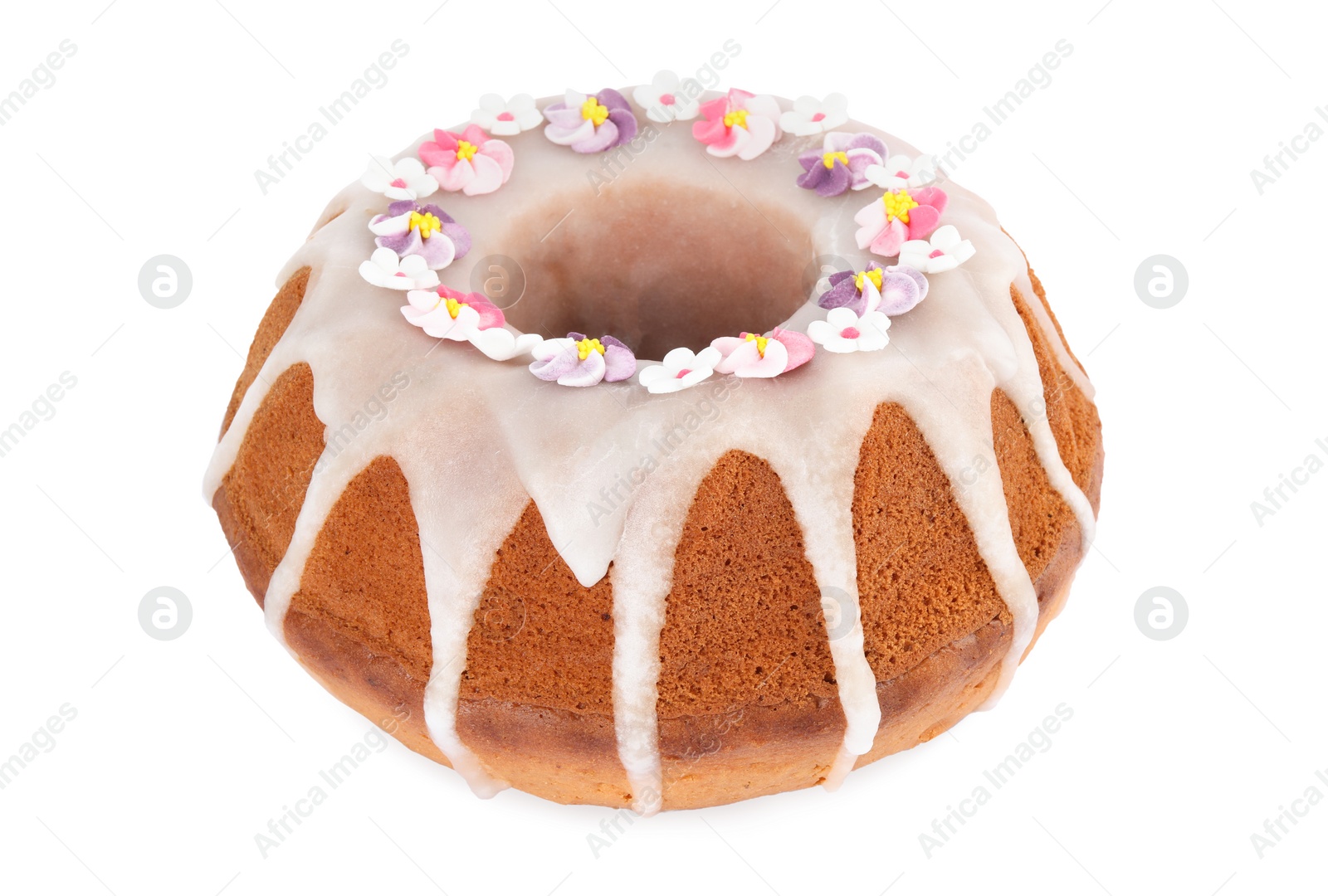 Photo of Festively decorated Easter cake on white background