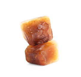 Aromatic coffee ice cubes on white background