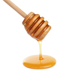 Photo of Honey dripping from dipper on white background