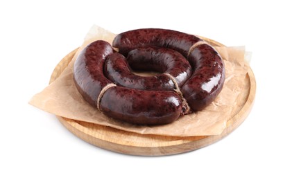 Photo of Tasty blood sausages and wooden board on white background