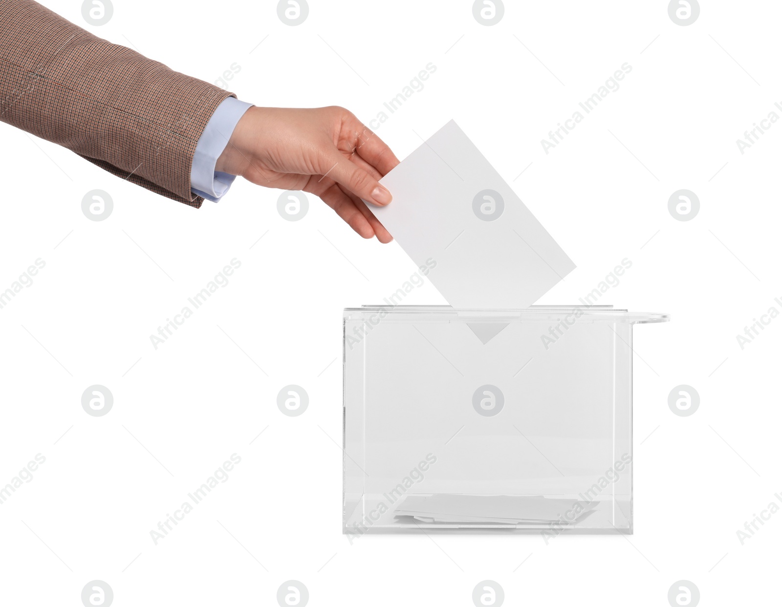 Photo of Woman putting her vote into ballot box on white background, closeup