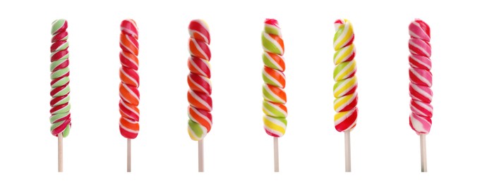 Set with tasty colorful lollipops on white background. Banner design 