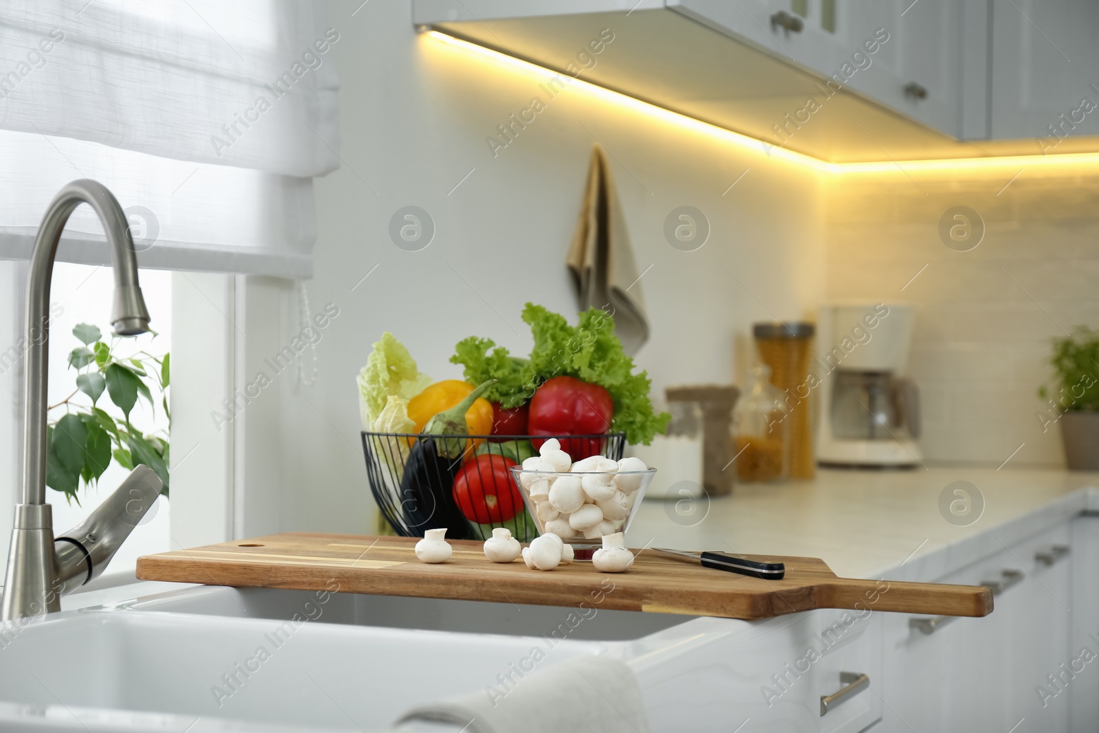 Photo of Different fresh vegetables and mushrooms near sink in modern kitchen