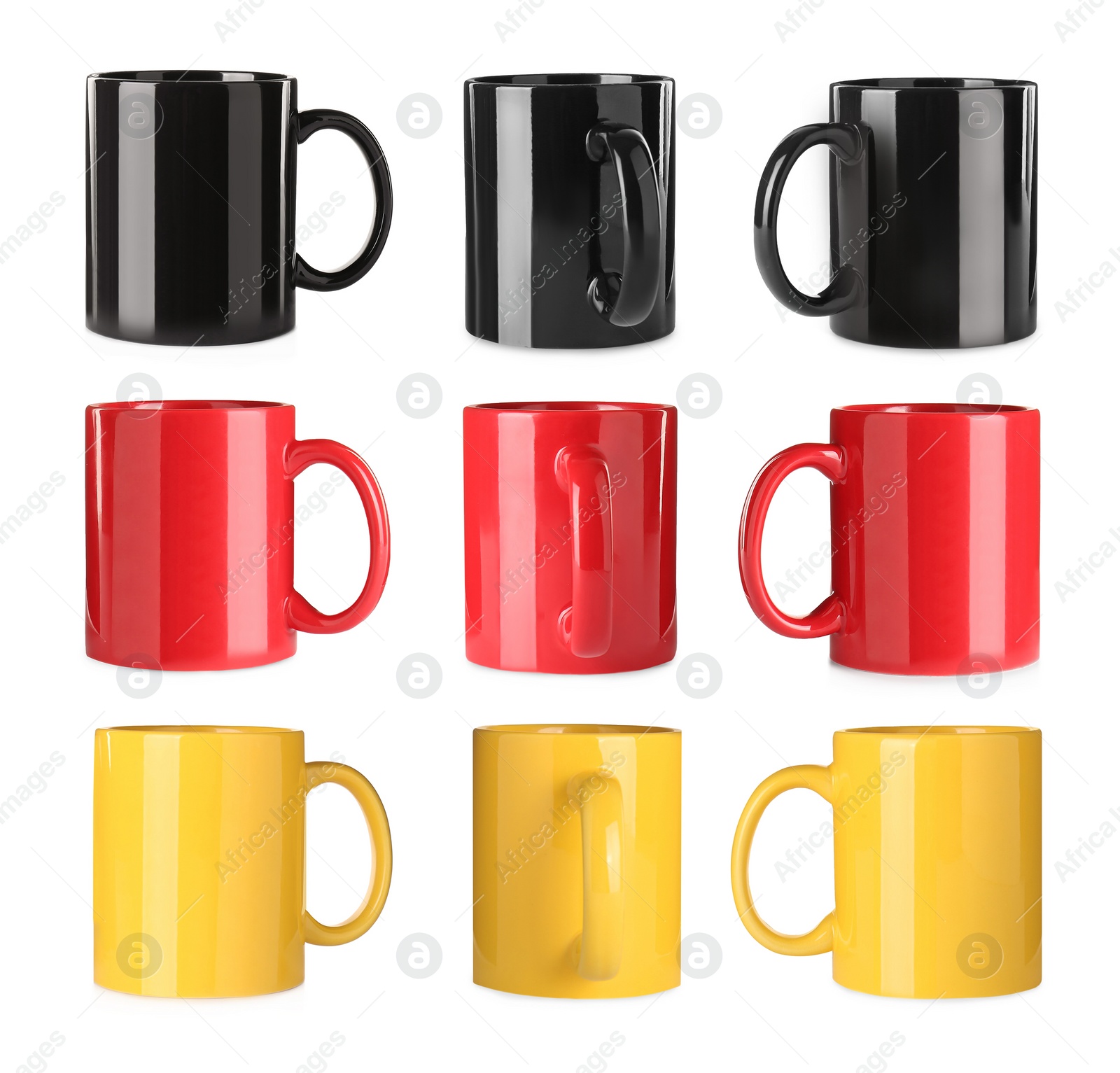 Image of Set with different ceramic mugs on white background 