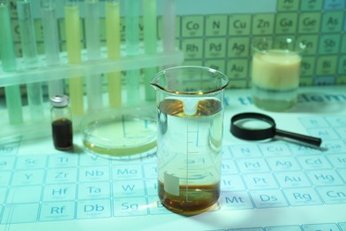 Photo of Beaker with liquid and laboratory equipment on periodic table of chemical elements. Light green tone effect