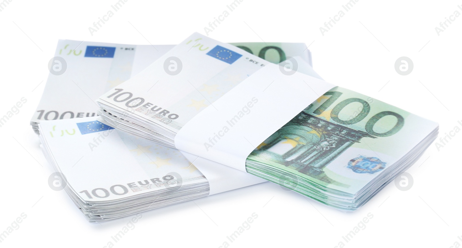 Photo of Stacks of euro banknotes isolated on white. Money and finance