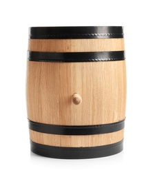 Photo of Wooden keg on white background. Wine making