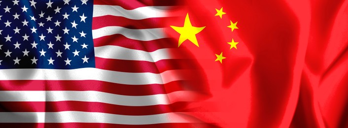 Image of Chinese and American flags as background, banner design. Trade war