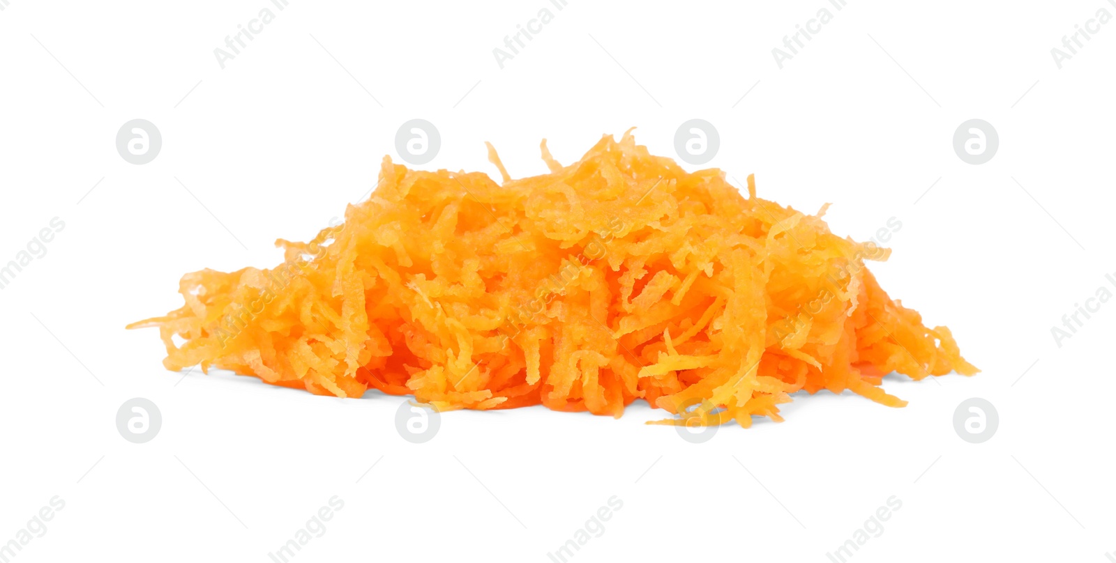 Photo of Pile of fresh grated carrot on white background