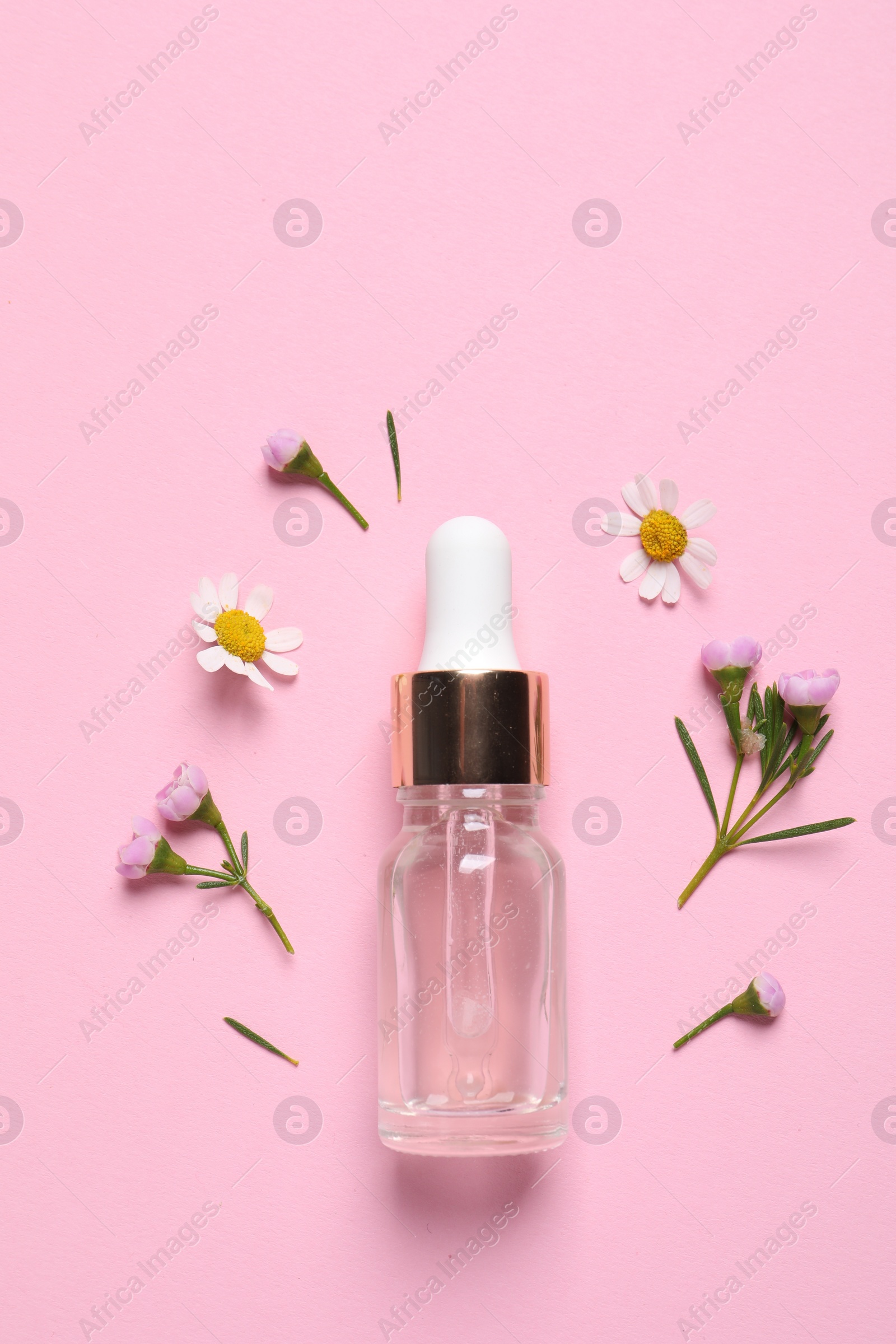 Photo of Bottle of cosmetic serum and beautiful flowers on pink background, flat lay