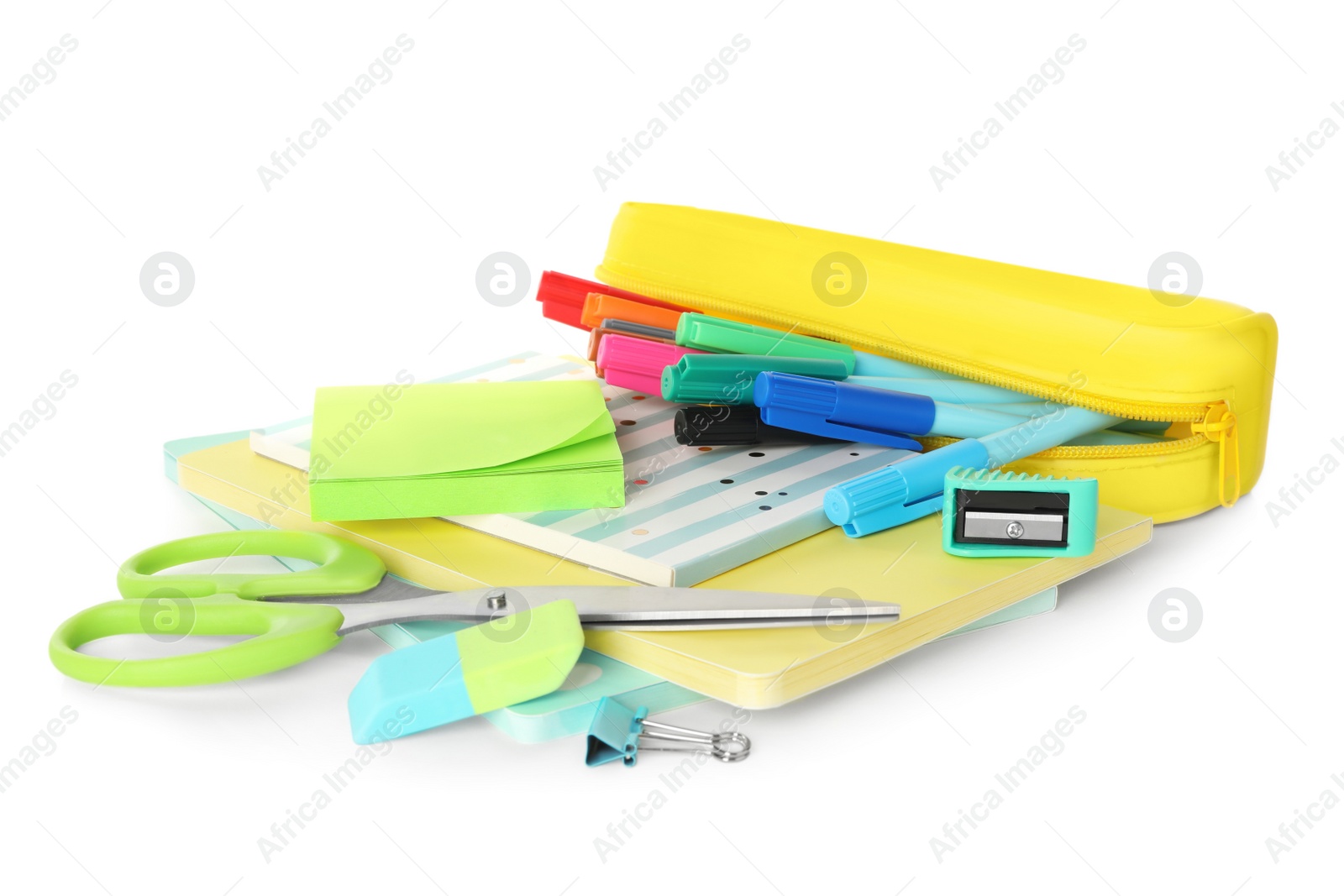 Photo of Set of colorful school stationery on white background