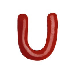 Photo of Letter U written with ketchup on white background