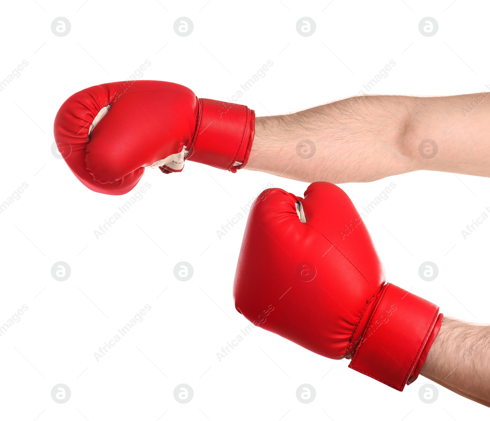 Photo of Man in boxing gloves on white background, closeup