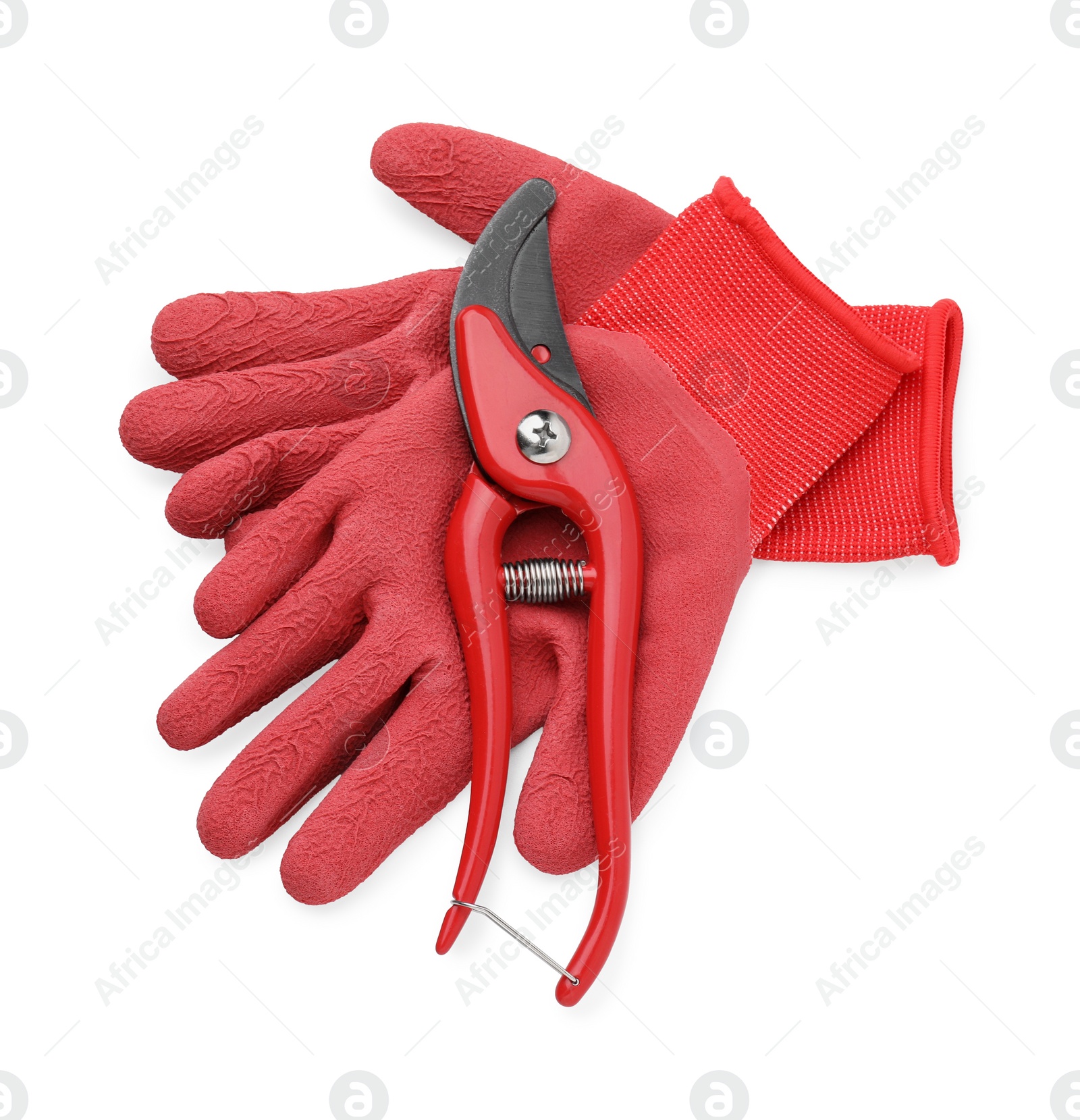 Photo of Pair of red gardening gloves and secateurs isolated on white, top view