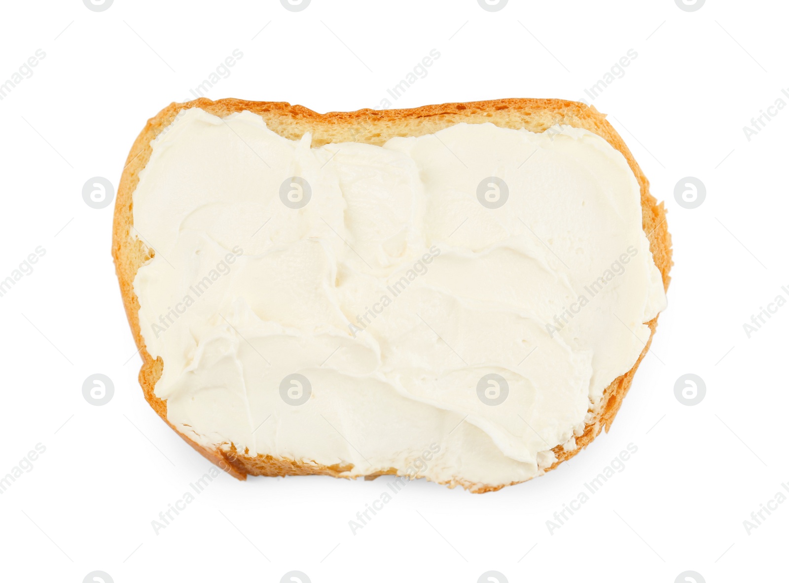 Photo of Bread with cream cheese isolated on white, top view