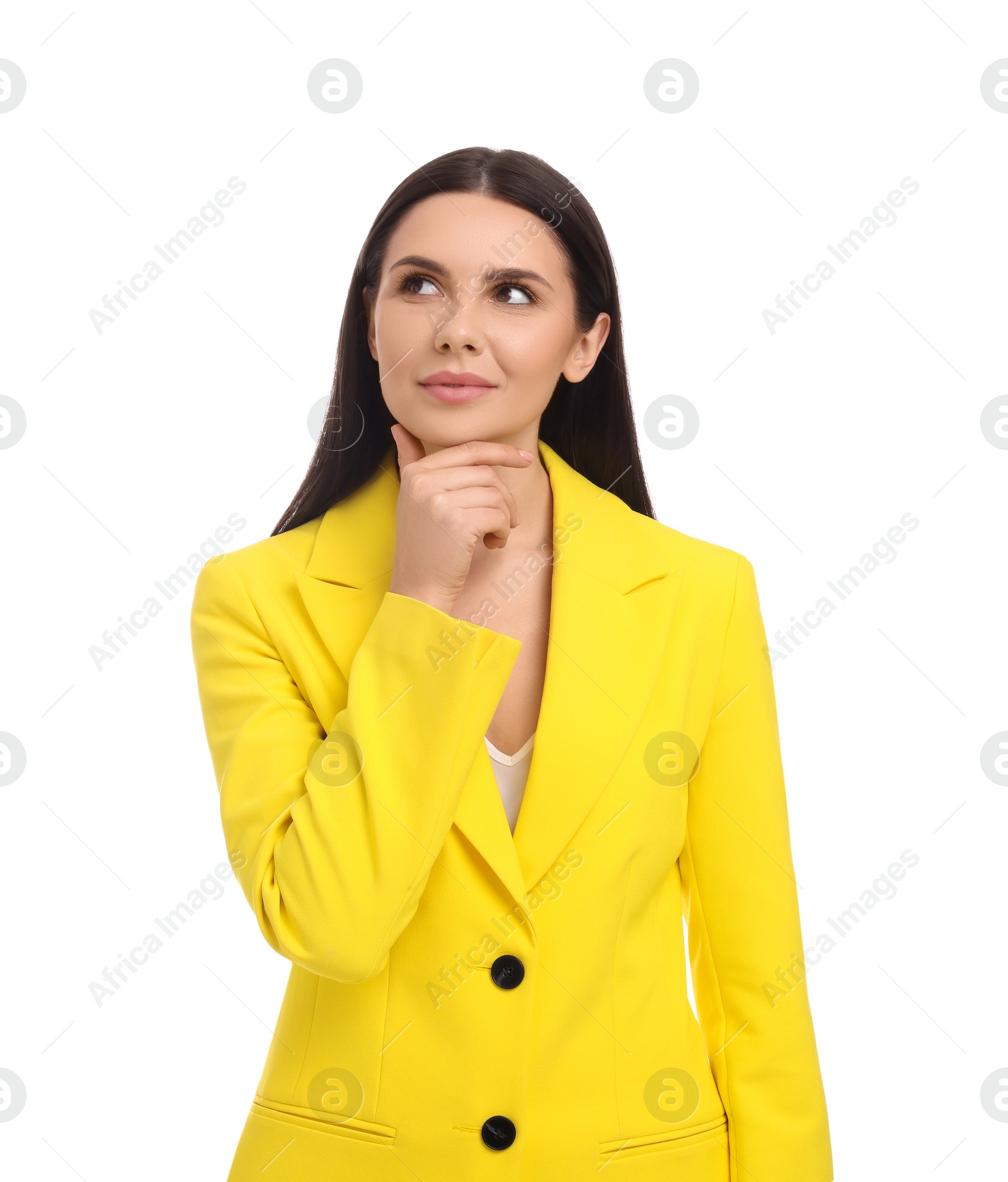 Photo of Beautiful businesswoman in yellow suit on white background