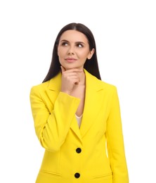 Photo of Beautiful businesswoman in yellow suit on white background