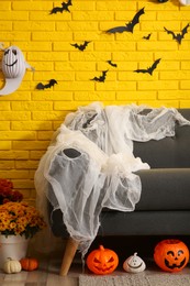 Modern room decorated for Halloween. Festive interior