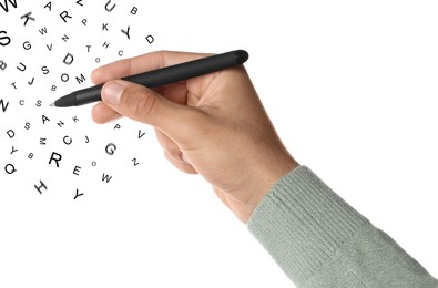 Image of Man writing letters and they flying away on white background, closeup