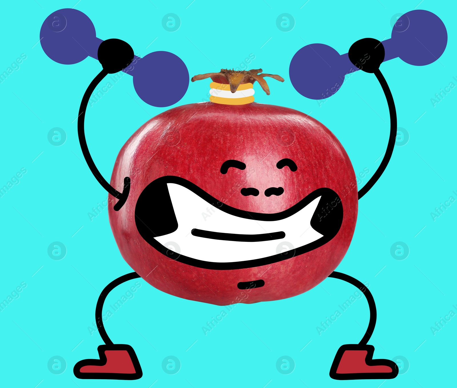 Image of Creative artwork. Pomegranate doing exercises with dumbbells. Berry with drawings on light blue background