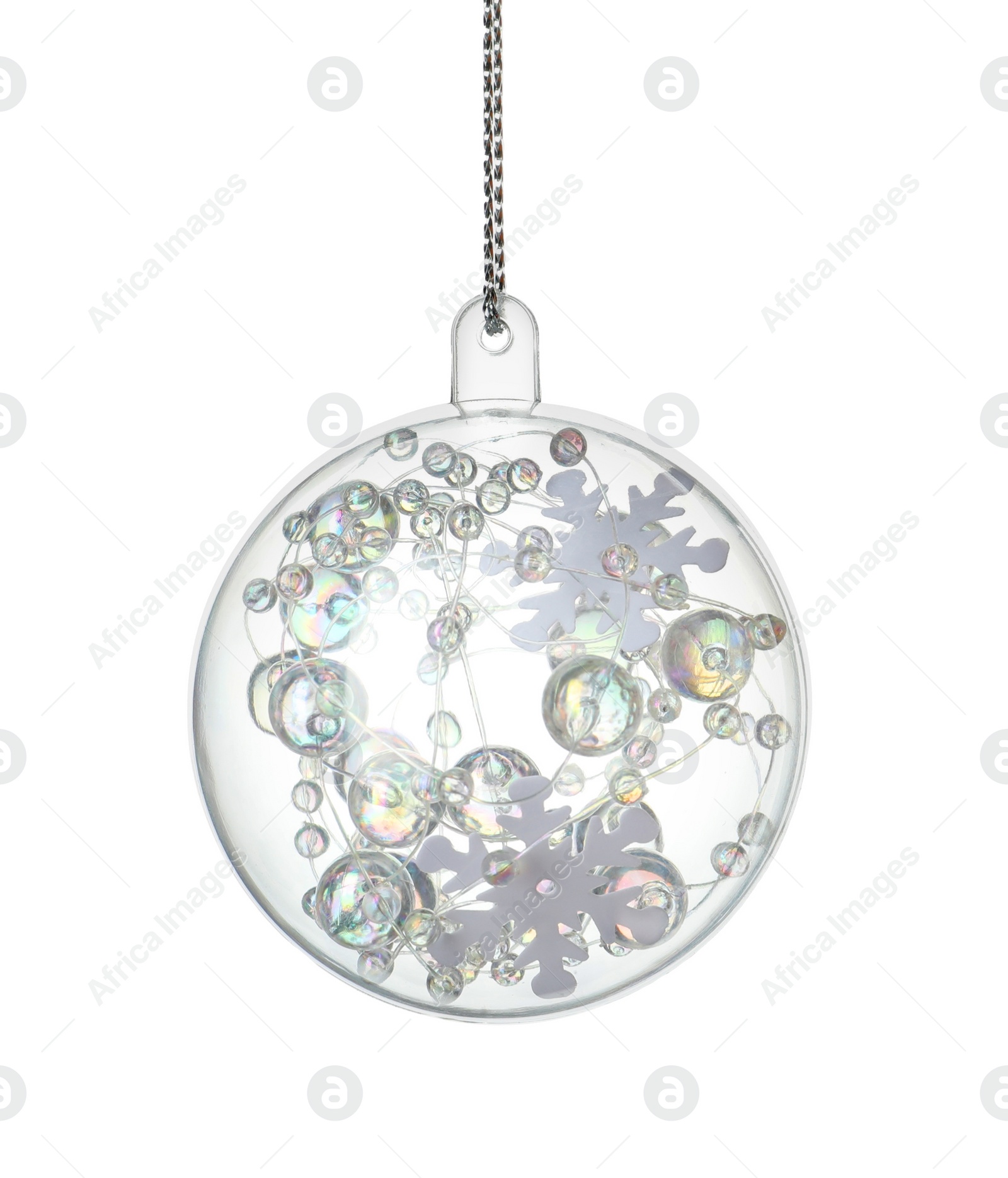 Photo of Decorative snow globe hanging on white background